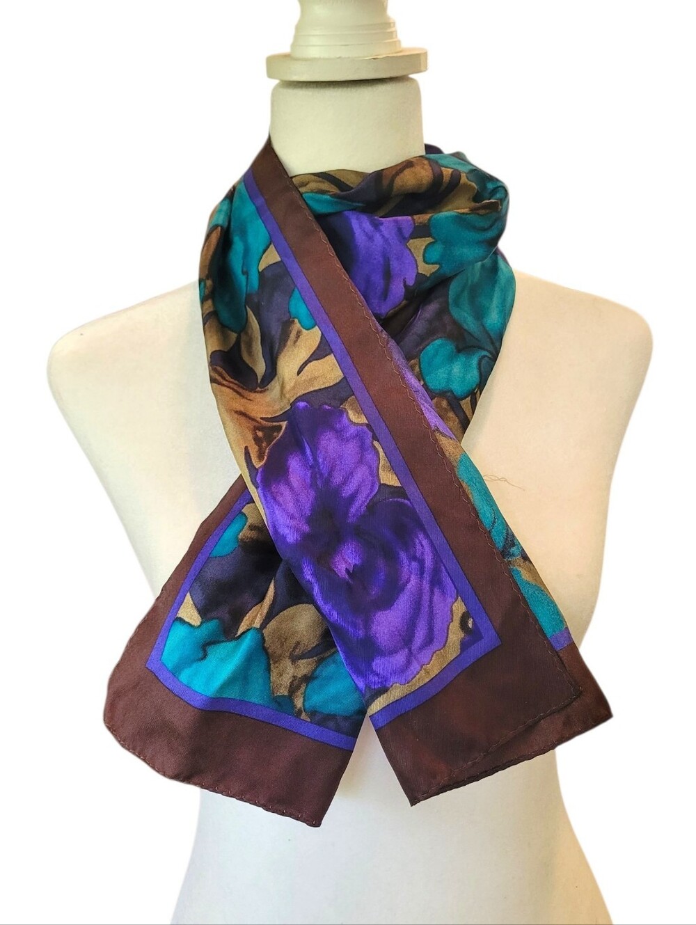 Adrienne Landau 100% Silk Purple Teal & Brown Floral Neck Scarf